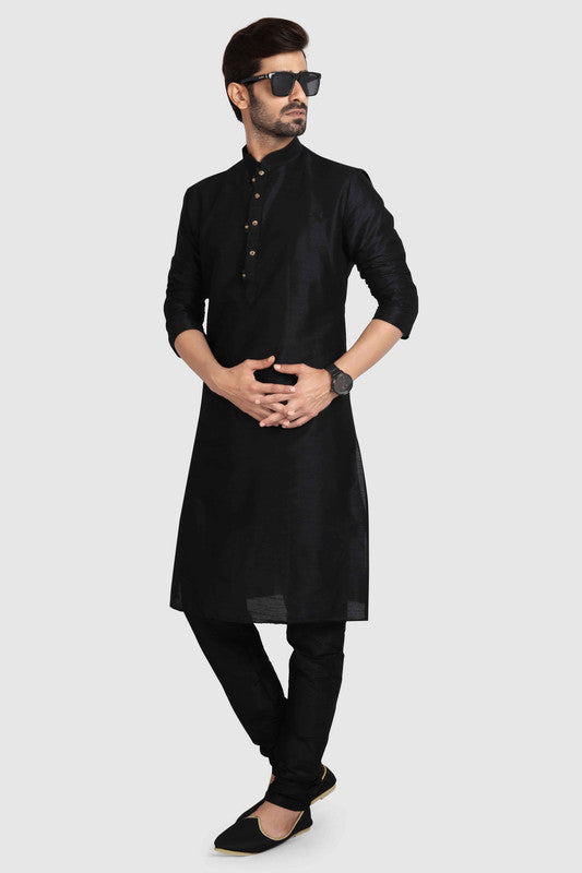 Men's Black Art Silk Solid Kurta Pajama Set