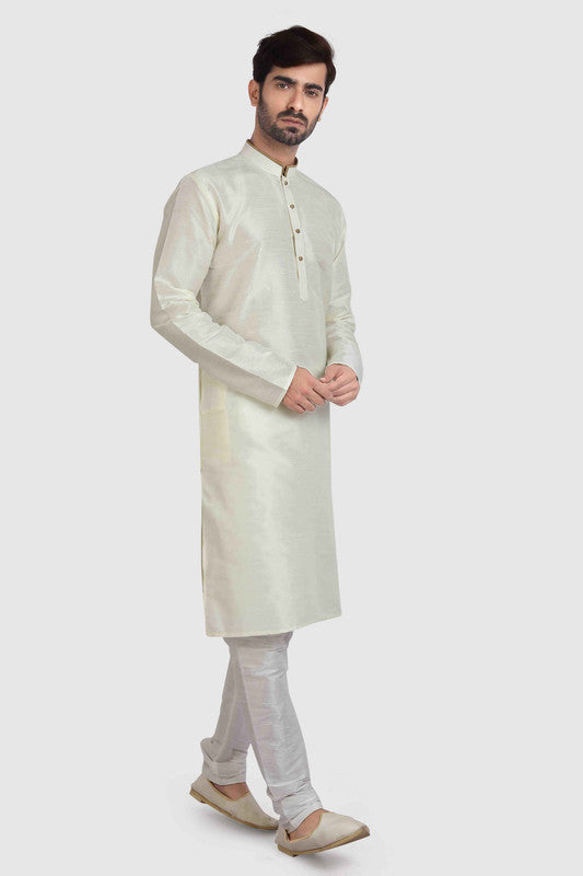 Men's Cream Art Silk Solid Kurta Pajama Set
