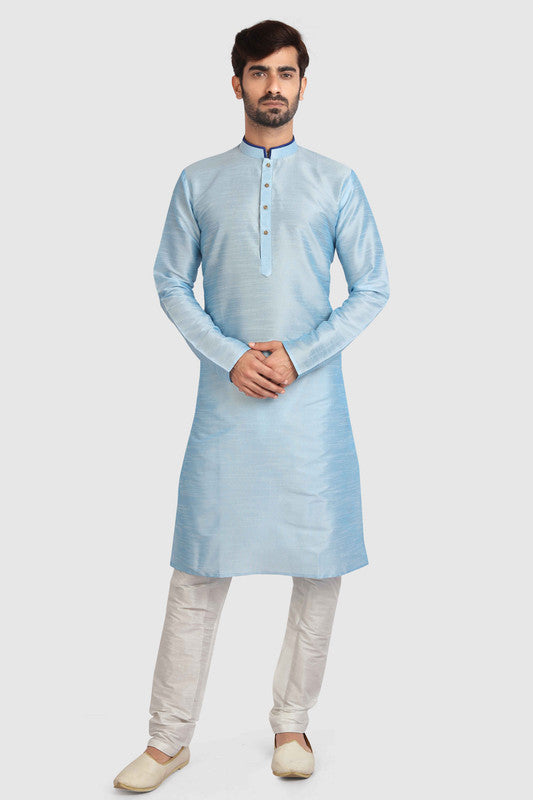 Men's Sky Blue Art Silk Solid Kurta Pajama Set
