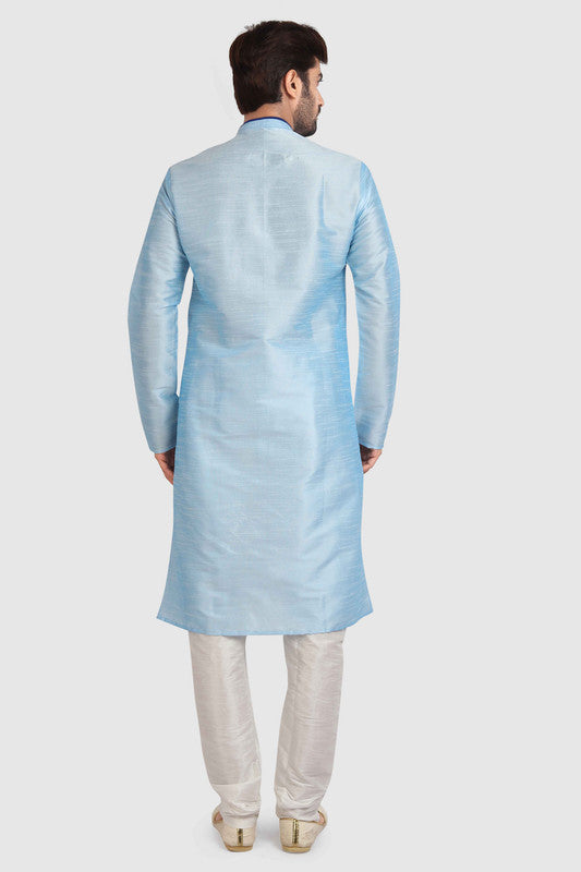 Men's Sky Blue Art Silk Solid Kurta Pajama Set