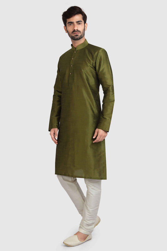 Men's Mehendi Green Art Silk Solid Kurta Pajama Set