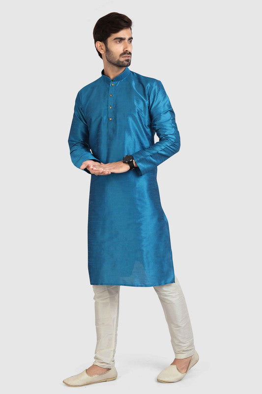 Men's Teal Blue Art Silk Solid Kurta Pajama Set