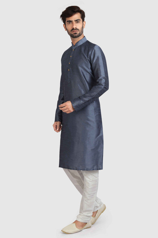 Men's Dark Grey Art Silk Solid Kurta Pajama Set