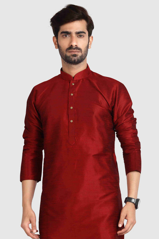 Men's Maroon Art Silk Solid Kurta Pajama Set