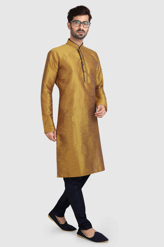 Men's Mustard Brown Art Silk Solid Kurta Pajama Set
