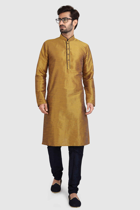 Men's Mustard Brown Art Silk Solid Kurta Pajama Set