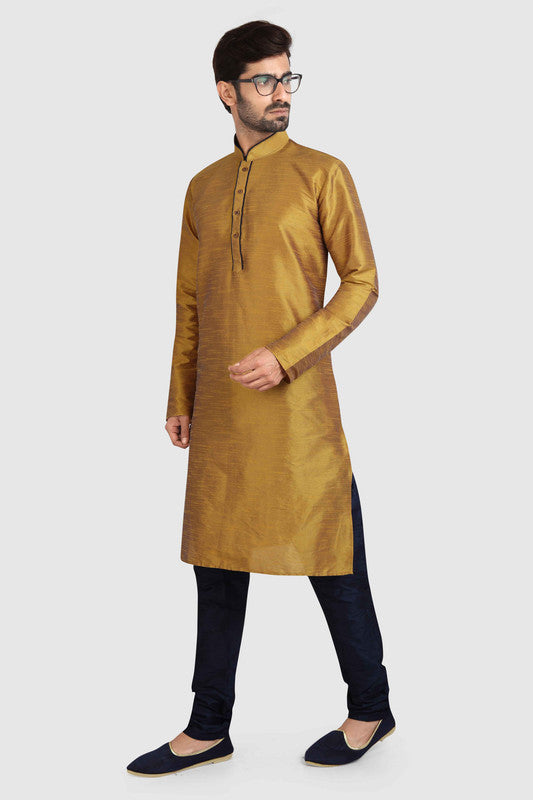 Men's Mustard Brown Art Silk Solid Kurta Pajama Set