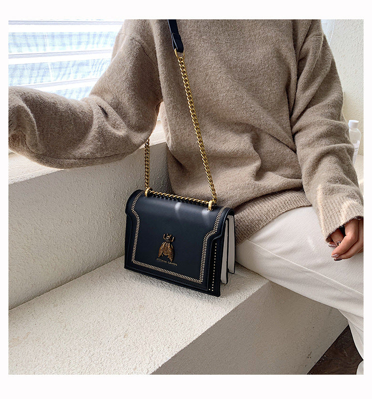 Women's Artisan-Crafted Distressed Crossbody Bag Small Box Purse with Stitched Rivets & Antique Gold Chain | Y2K Grunge Revival