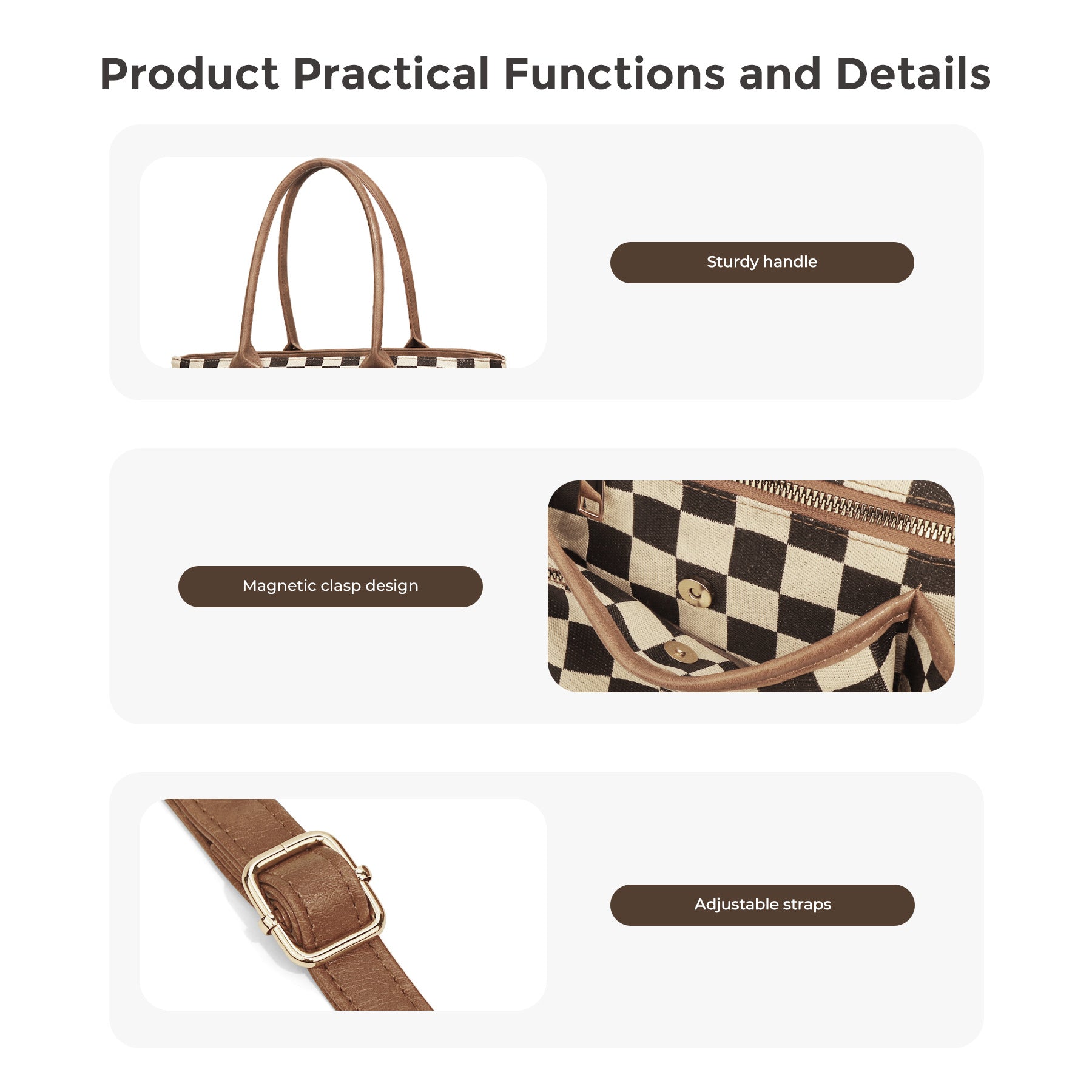 Ounamei Large Checkered Tote Bag for Women | Multi-Pocket Crossbody Shoulder Handbag for Work & Daily Use