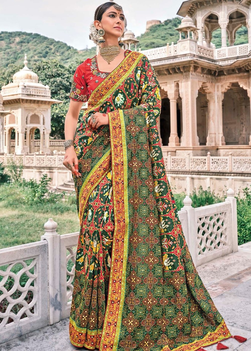 Pine Green Bandhej Patola Silk Saree with Embroidered Blouse - qivii