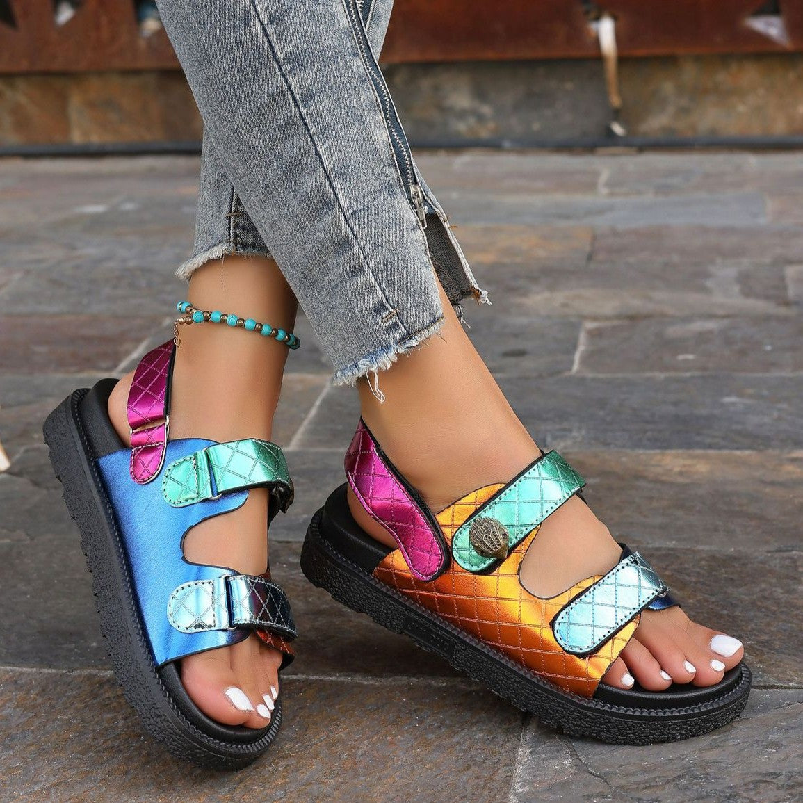 Women's Eagle-Glow Plus Size Beach Sandals - Bold Platform & Diamond Velcro Strap | Color Burst Design