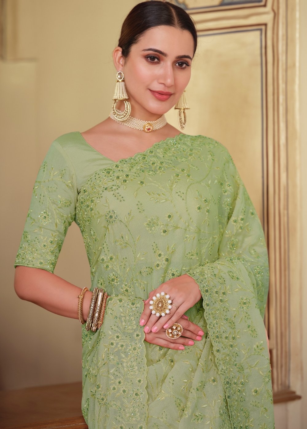 Sage Green Designer Chiffon Saree with Dori & Sequins work - qivii