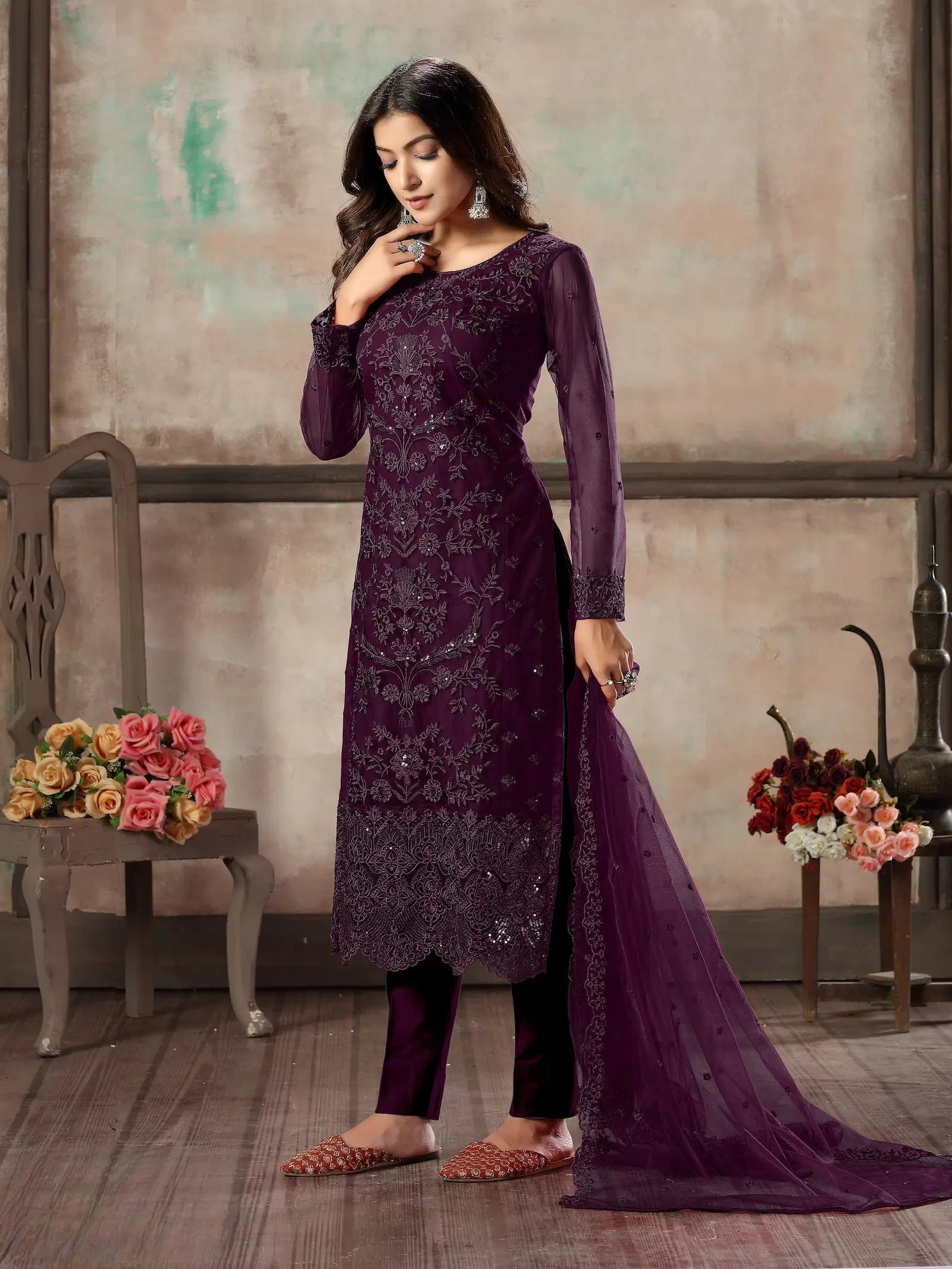 Wine Net Salwar Suit With Thread & Sequence Embroidery Work - qivii