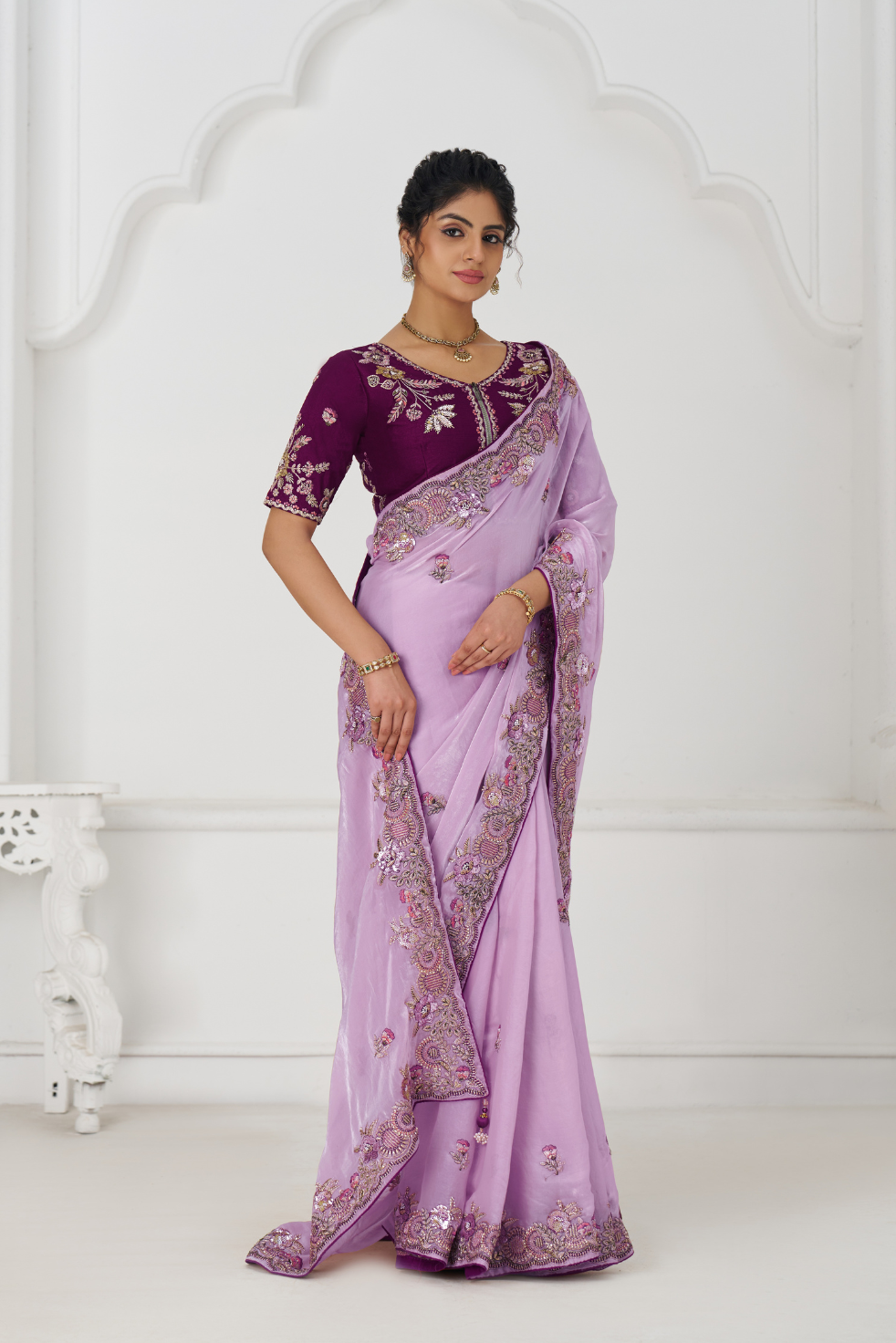 Mauve Color Saree In Zari & Sequin Work On Luxurious Fendi Fabric - qivii