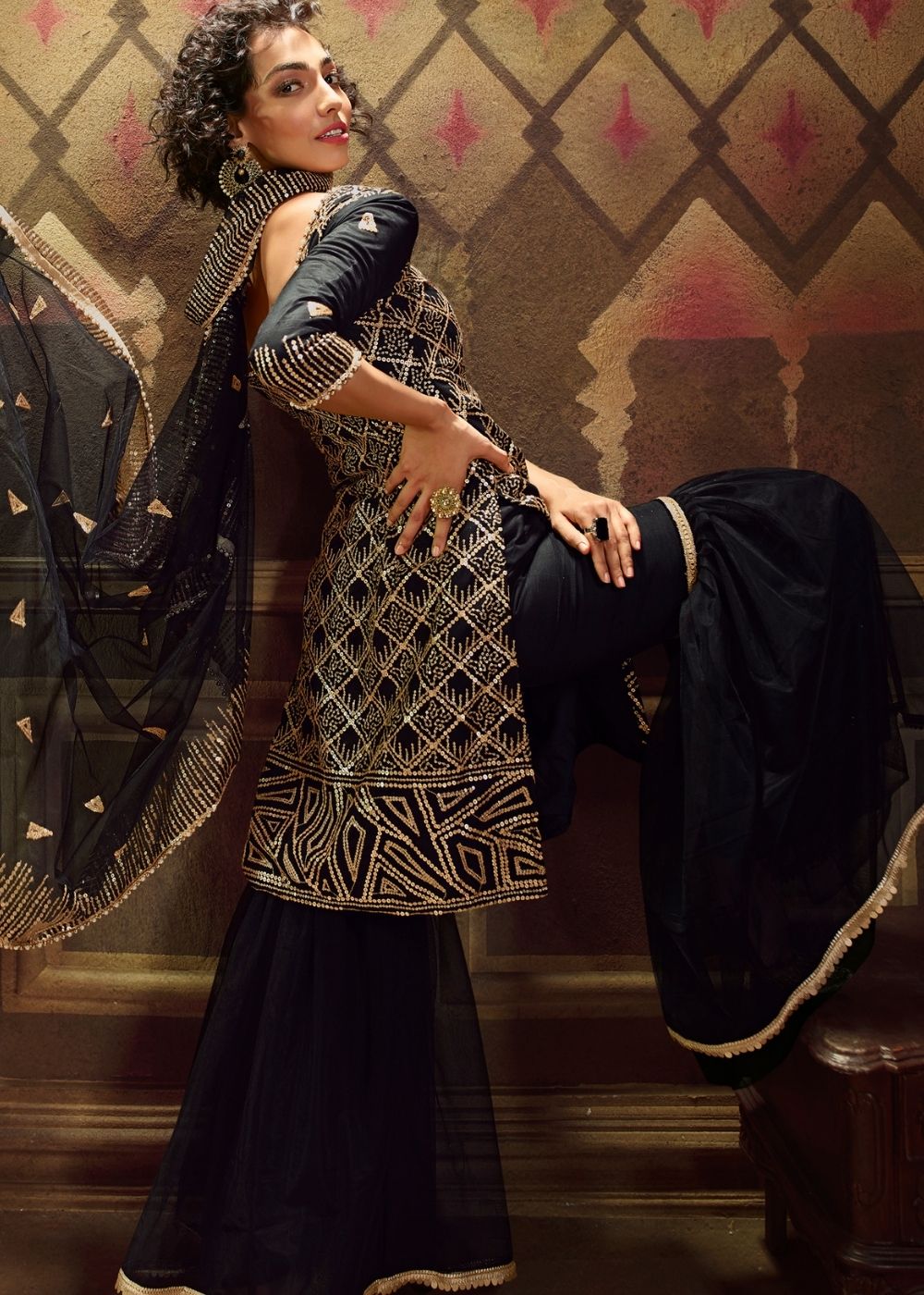 Midnight Black Designer Soft Net Sharara Suit with overall Sequins work By Qivii