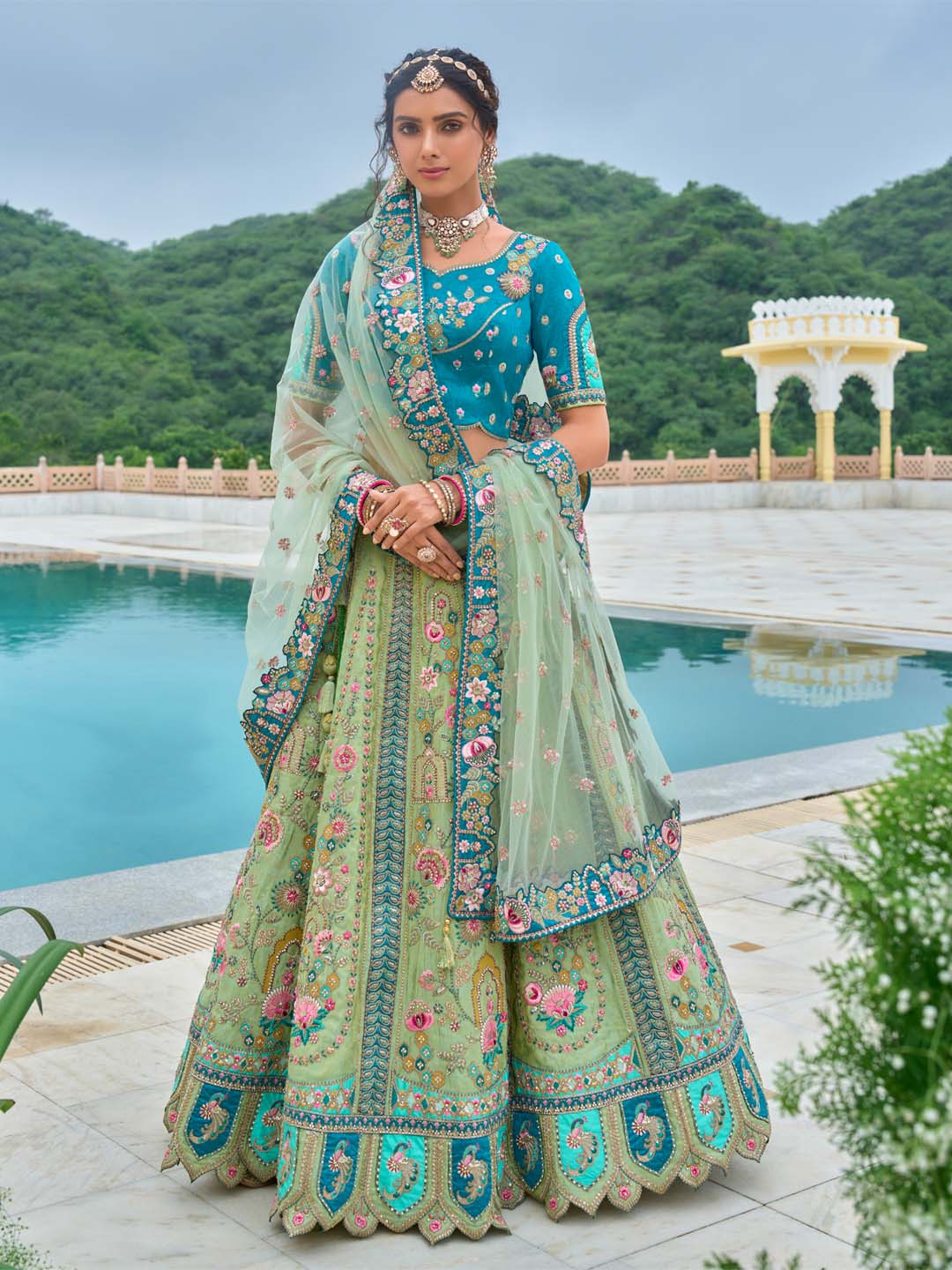 Pista-Teal Shaded Heavy Designer Embroidered Patchwork Silk Semi Stitched Lehenga Choli - qivii
