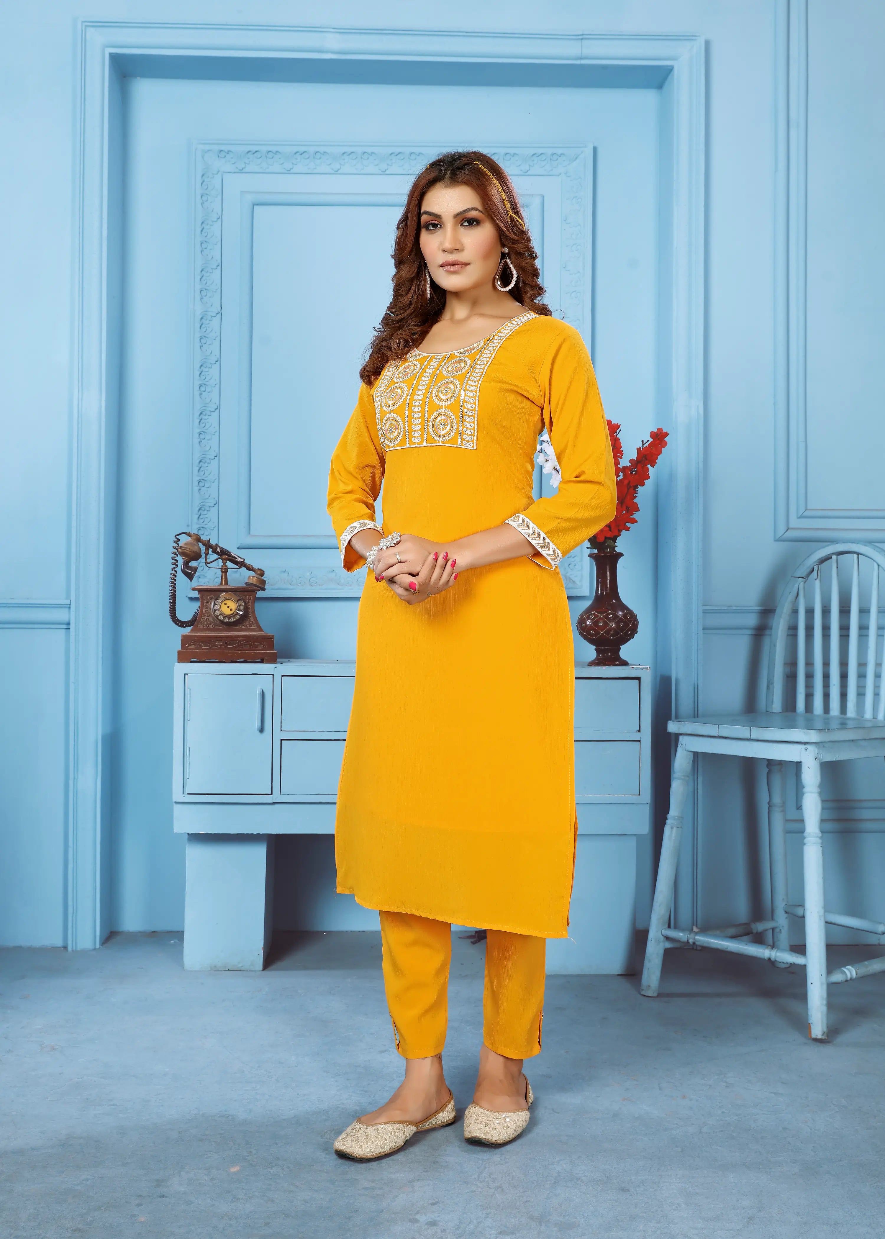 Yellow Kurta Set With Embroidery Work - qivii