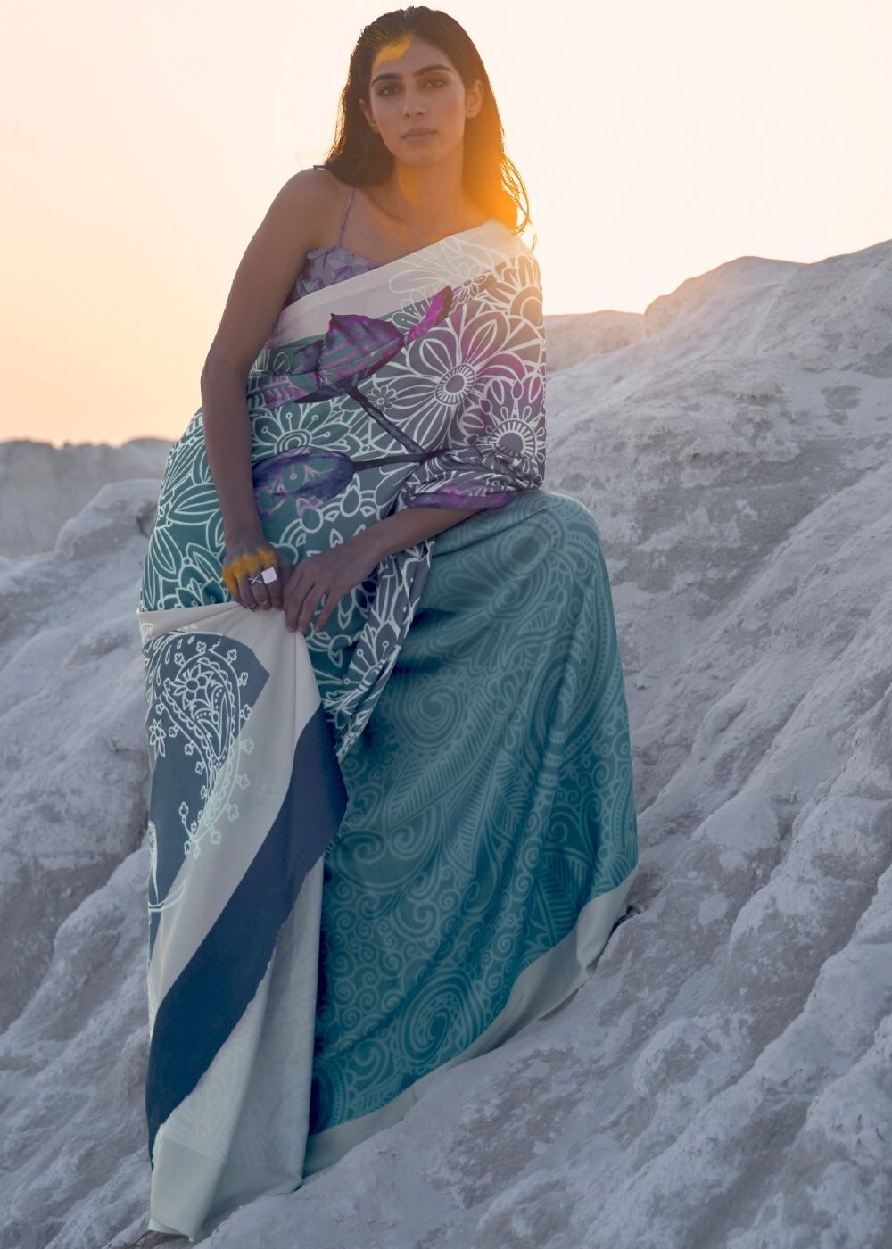 Cerulean Blue and Violet Digital Printed Crepe Silk Saree - qivii