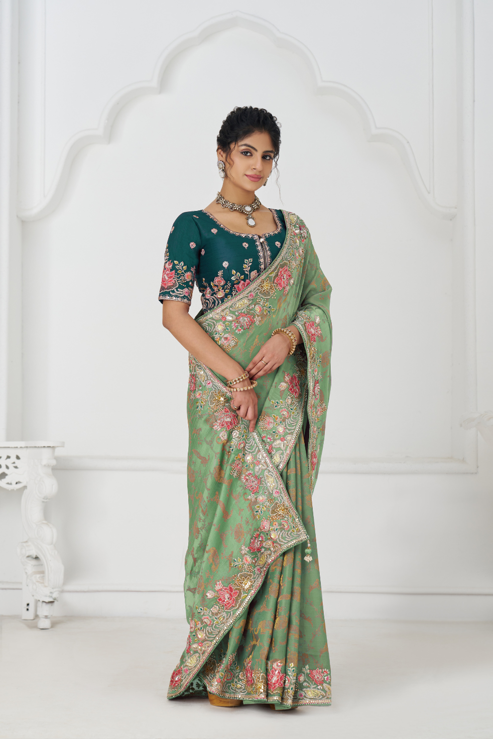 Grace in Green: Multi-Thread Embroidered Saree with Floral Elegance - qivii
