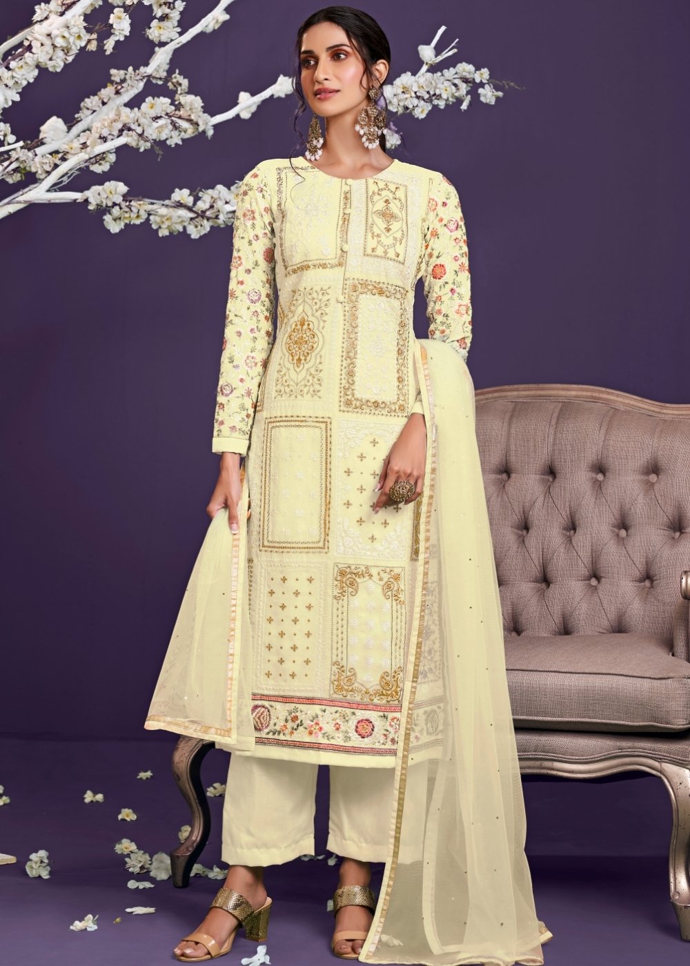 Blonde Yellow Georgette Salwar Suit with Thread, Zari & Sequence work - qivii