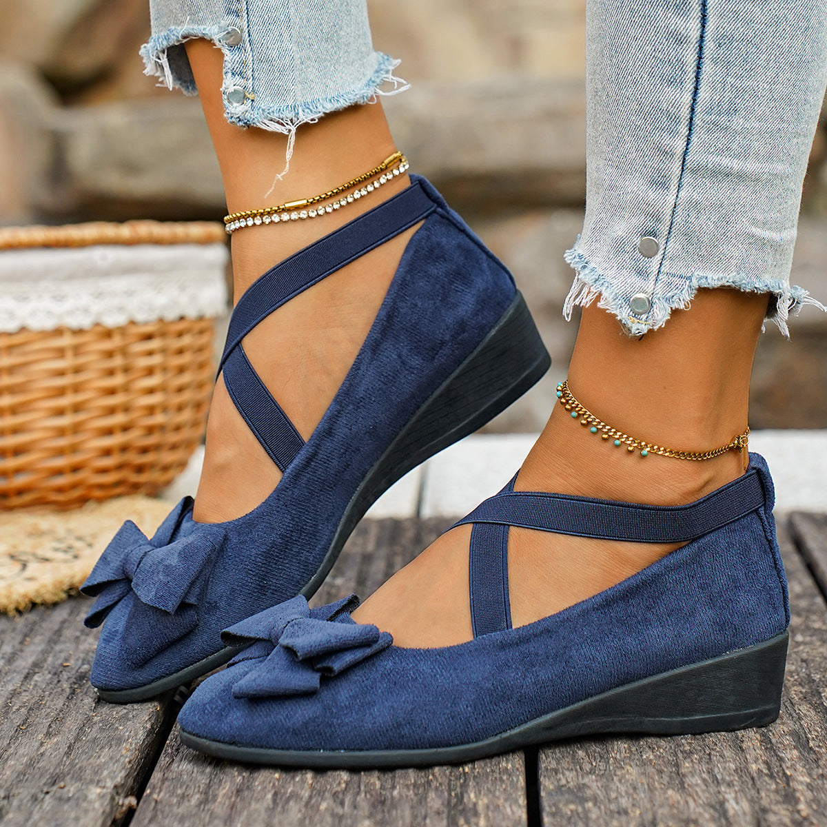 Women’s Elara Bow Suede Wedge Loafers – Elastic Cross-Strap Comfort Slip-Ons (US 5–10.5)