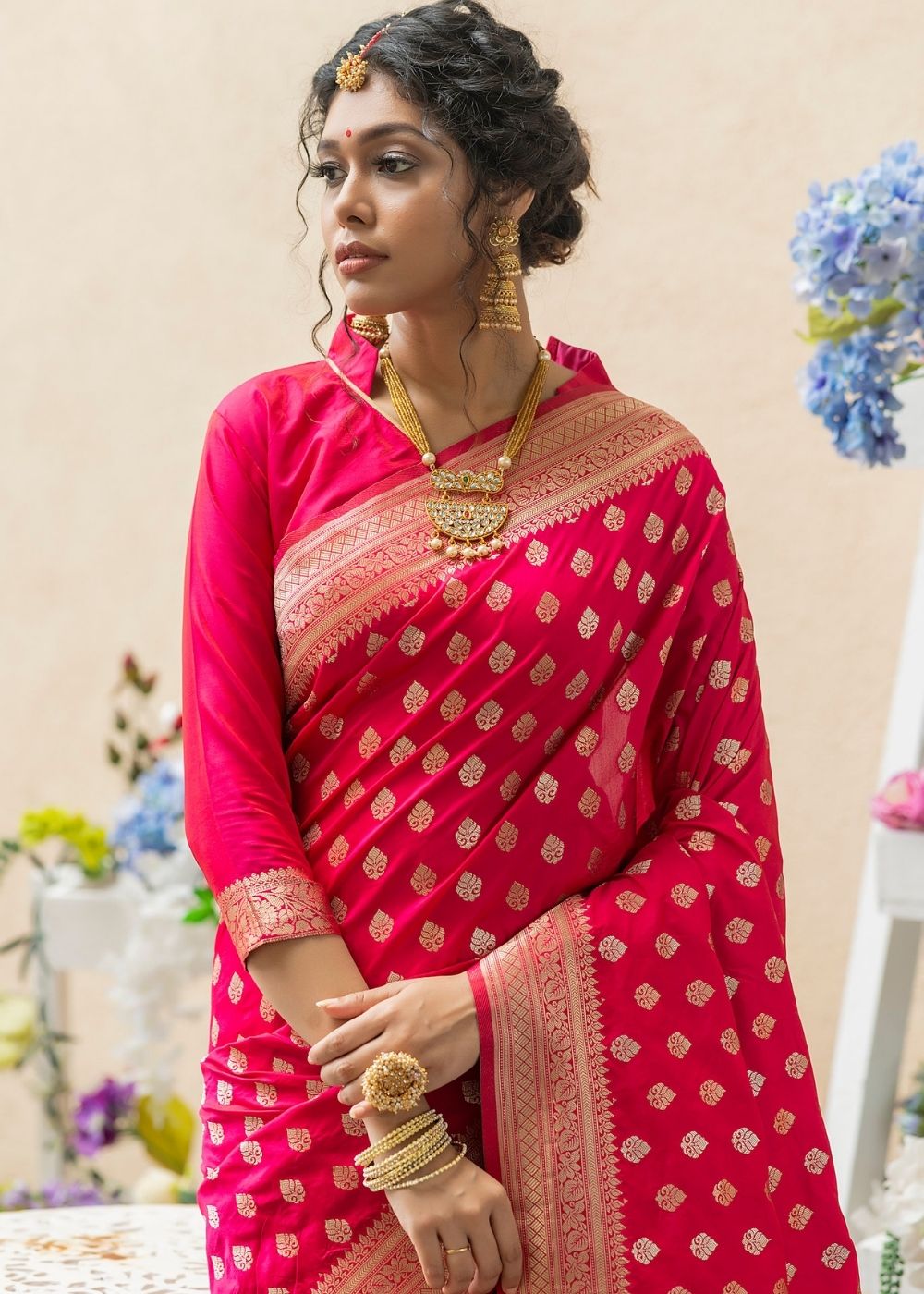 Ruby Pink Soft Banarasi Silk Saree with overall Butti - qivii