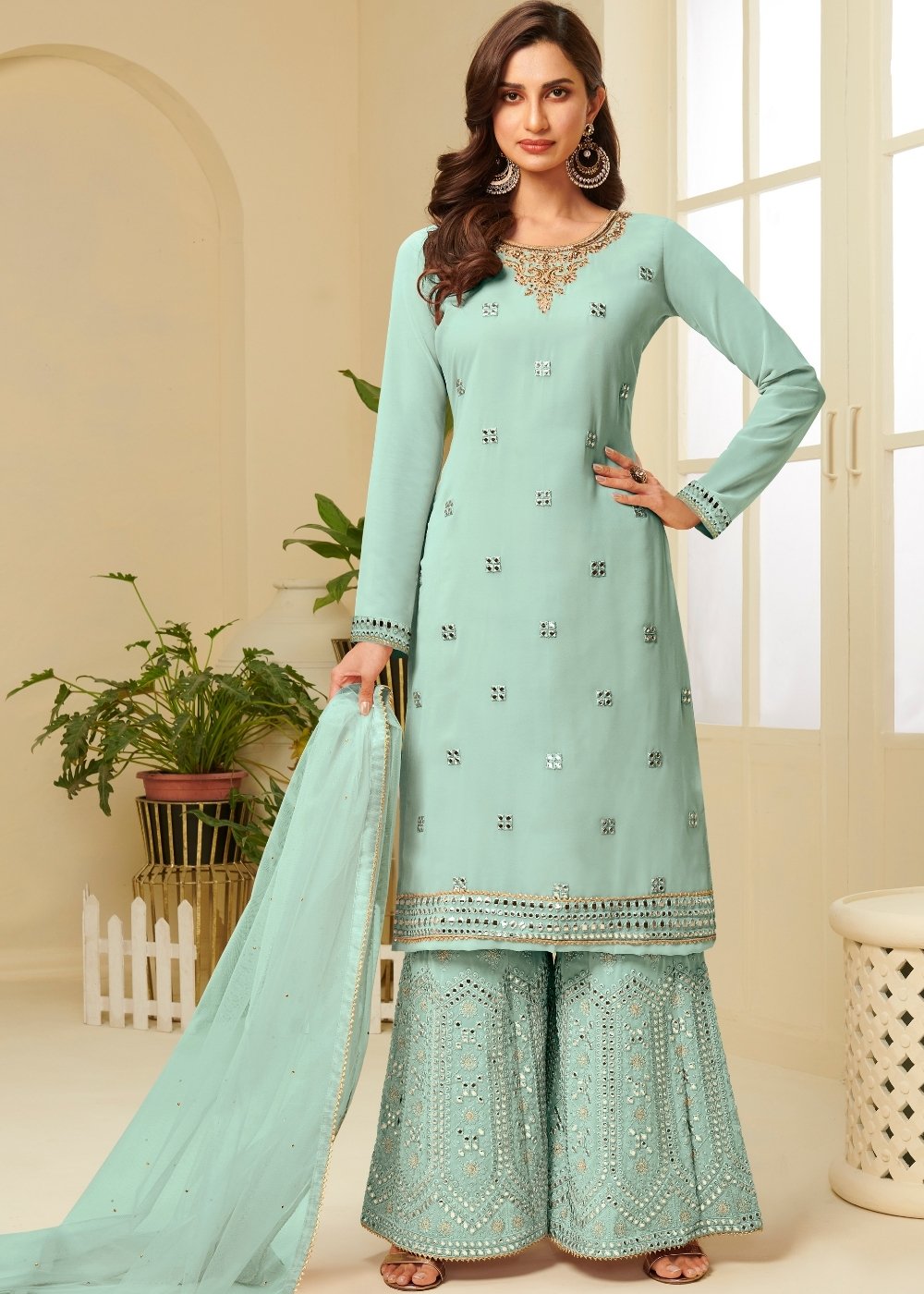 Powder Blue Georgette Sharara Suit with Gota work & Embroidery By Qivii