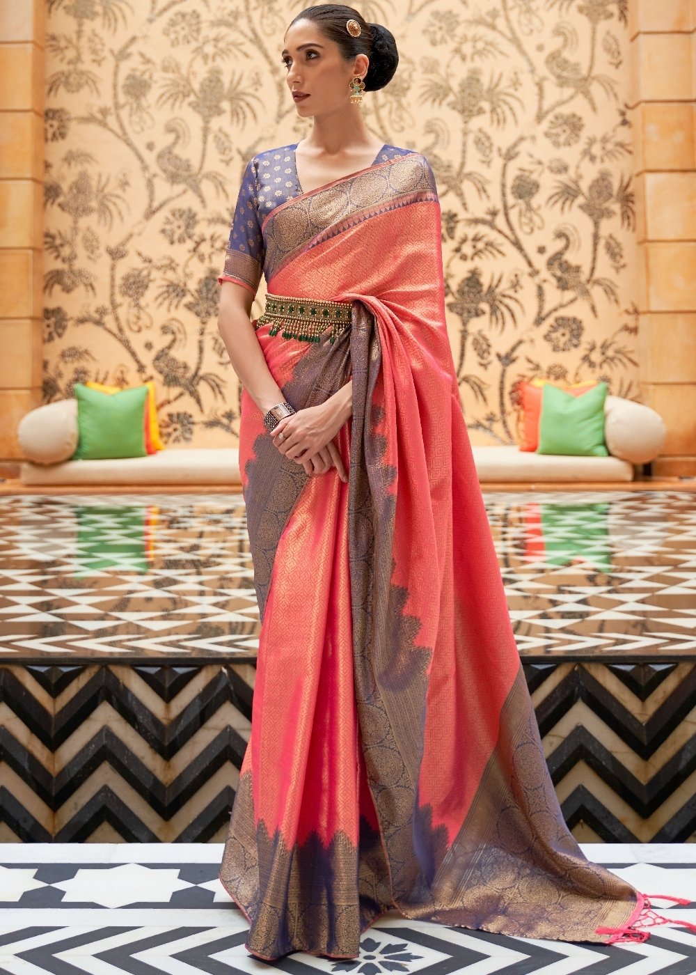 Punch Pink Zari Woven Kanjivaram Silk Saree - qivii