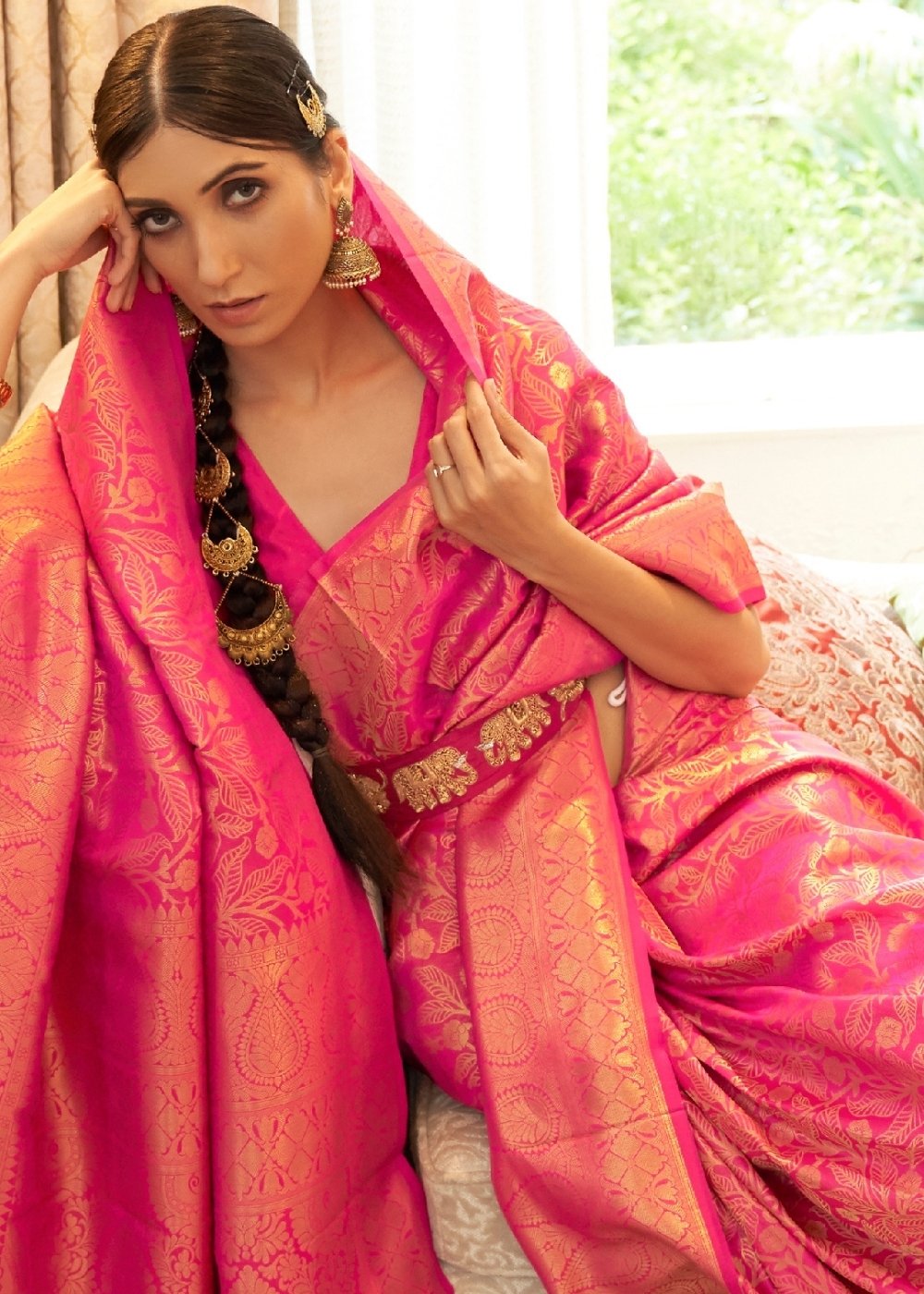 Hot Pink Zari Woven Kanjivaram Silk Saree with Tassels on Pallu - qivii