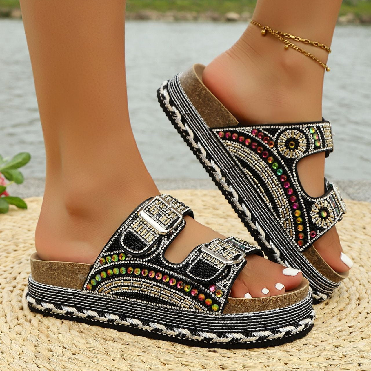 Women’s Calyra Rhinestone Platform Slide Sandals – Boho Metallic Buckle Rope Detail Resort Slides (US 5–10.5)