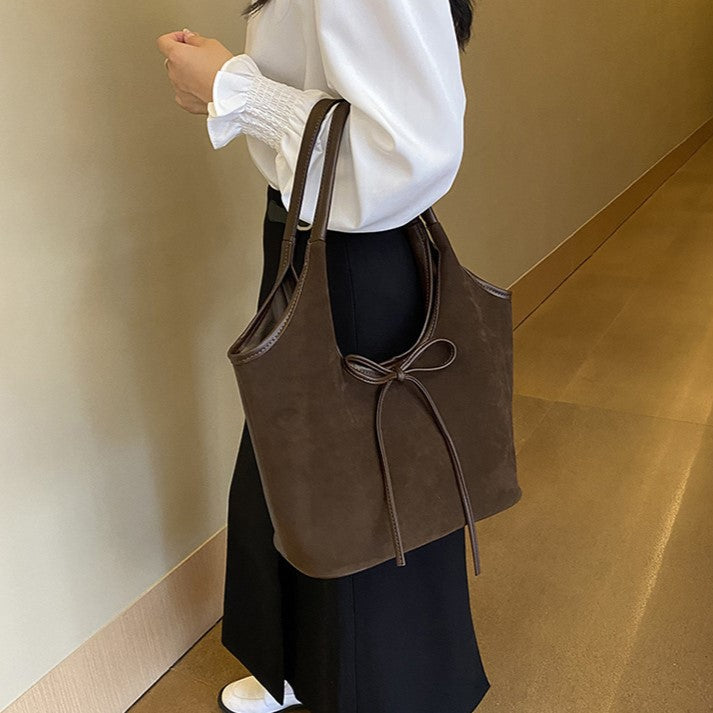Women's Vintage Matte Tote Bag – Oversized Bow-Accent Shoulder Bag with Crossbody Strap