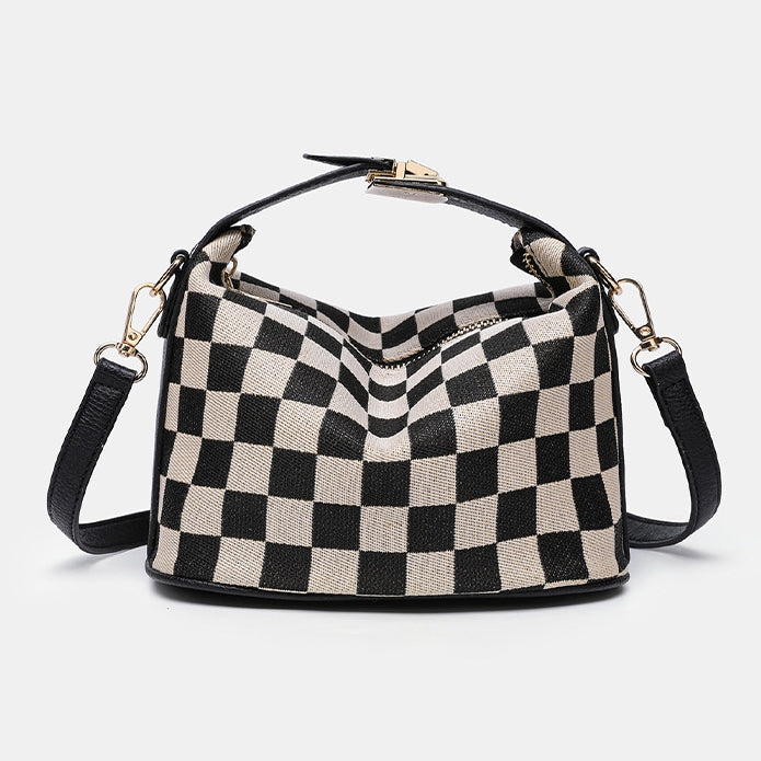 Ounamei Checkered Canvas Handbag with Leather Trim | Top Handle Shoulder & Crossbody Mini Box Bag