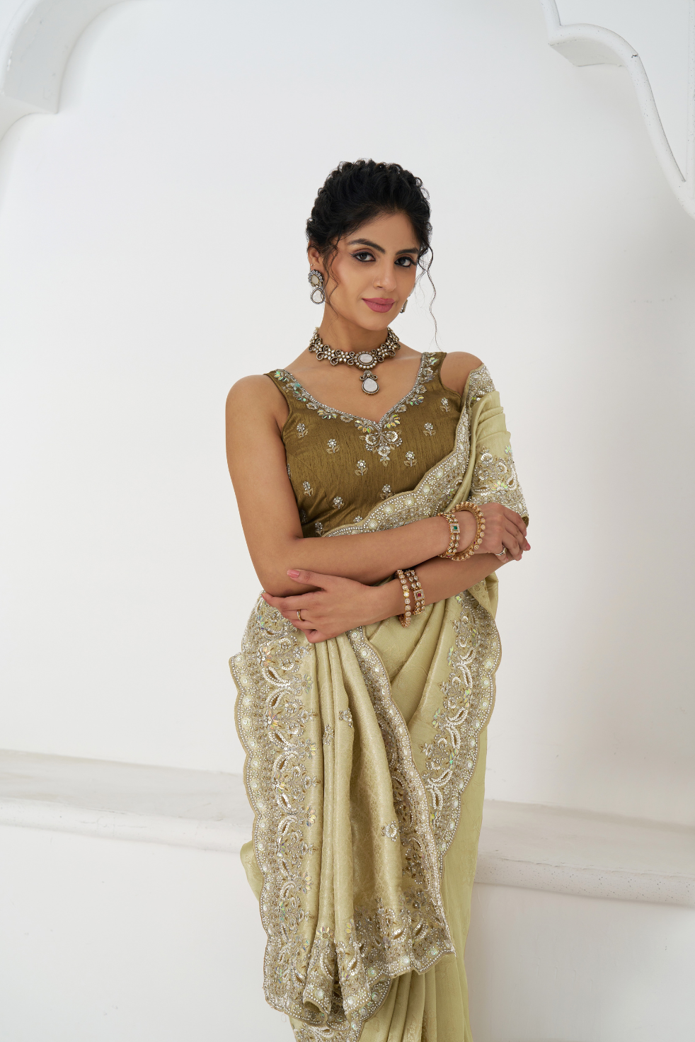 Champagne Color Pure Dola Silk Saree With Sequins And Beads Embroidery For Wedding - qivii