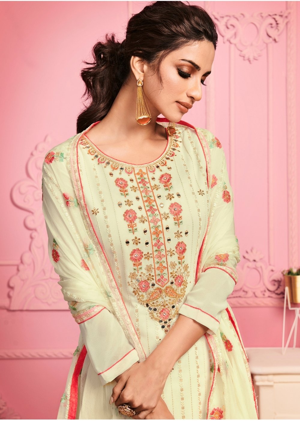 Banana Yellow Georgette Salwar Suit with Thread Embroidery, Katli & Mirror work - qivii