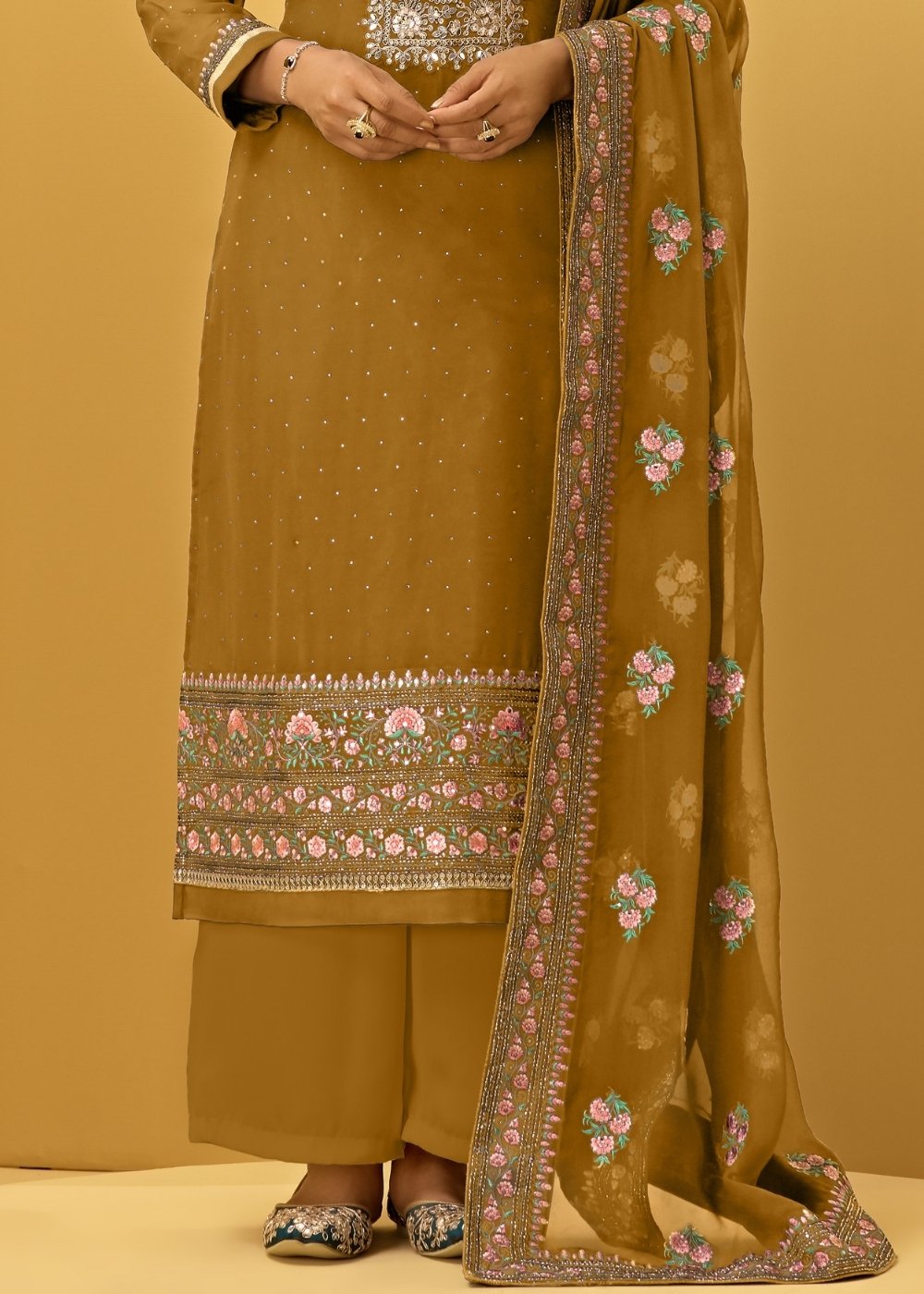 Mustard Yellow Georgette Salwar Suit with Thread, Zari & Cording Embroidery work - qivii
