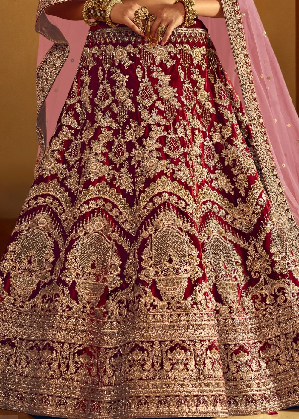 Wine Red Bridal Velvet Lehenga Choli with Embroidery & Hand work | Ready To Wear - qivii