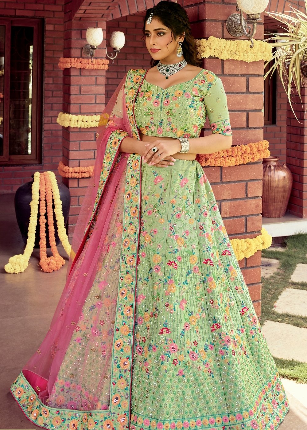 Kelly Green Raw Silk Lehenga Choli with Sequins, Resham & Zarkan work | Ready To Wear - qivii