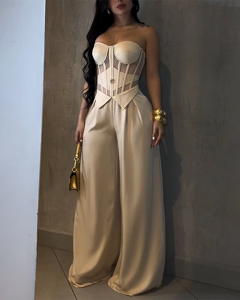 Strapless Mesh Cutout Corset Wide-Leg Jumpsuit - By Qivii