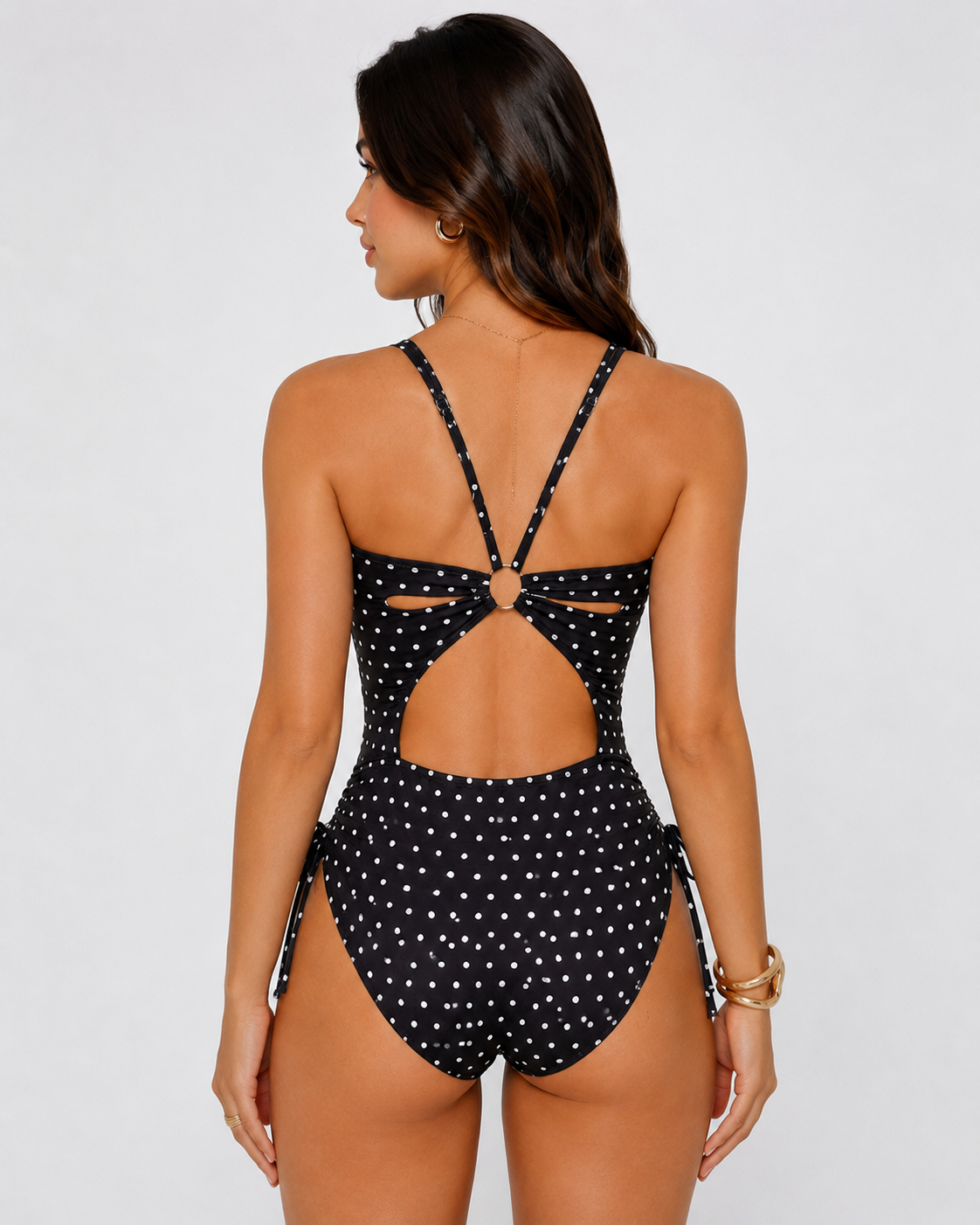 Polka Dot Double Strap Ruched Ring Cutout One Piece Swimsuit - By Qivii