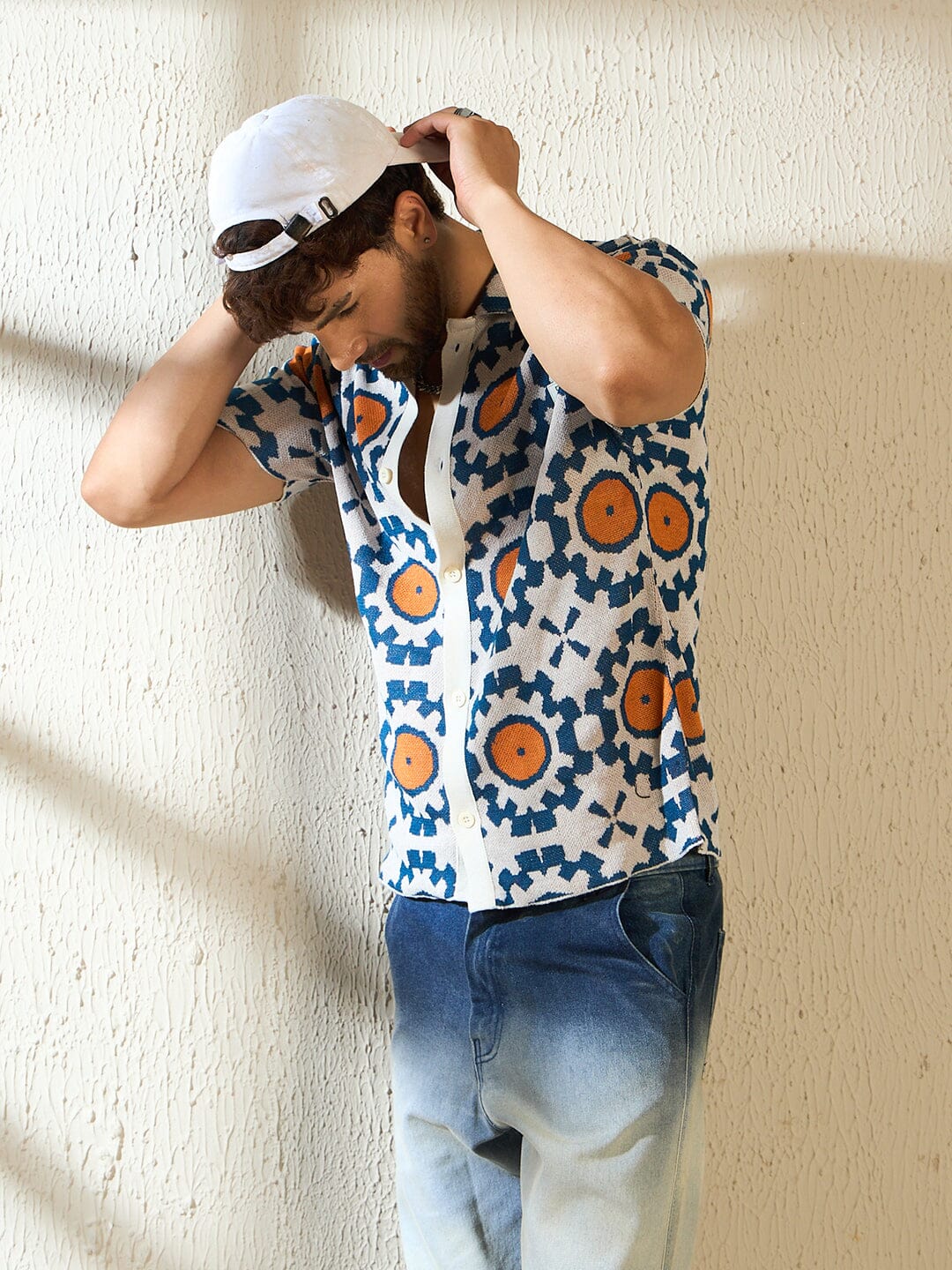 Navy & Orange Symmetrical Graphic Crochet Shirt