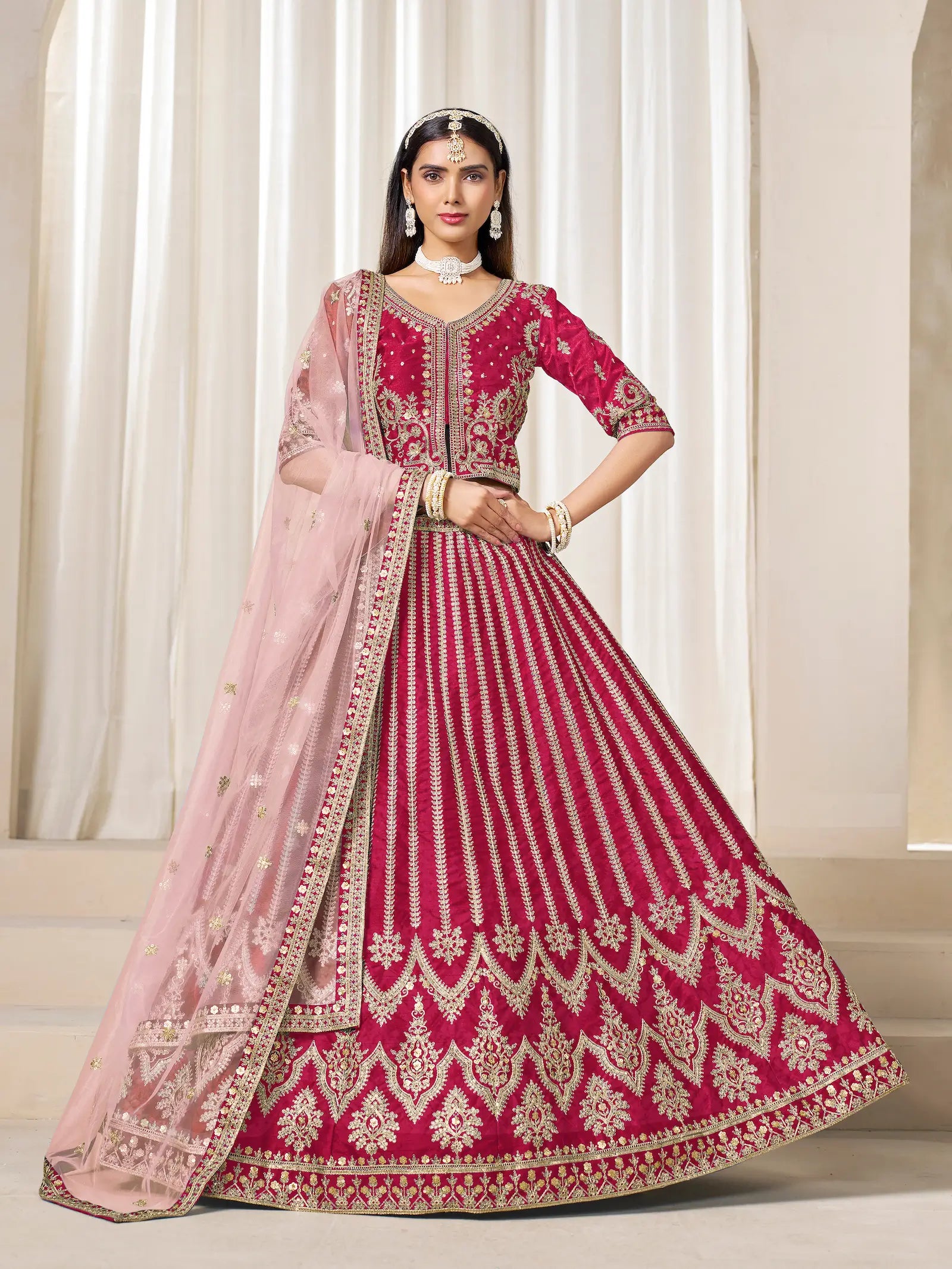 Red Art Silk Thread & Sequins Embroidery Lehenga Choli - qivii