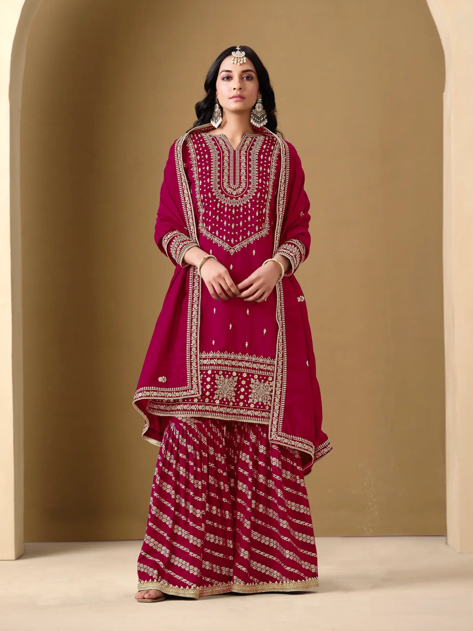 Dark Red Art Silk Sharara Suit With Thread & Sequins Embroidery Work - qivii