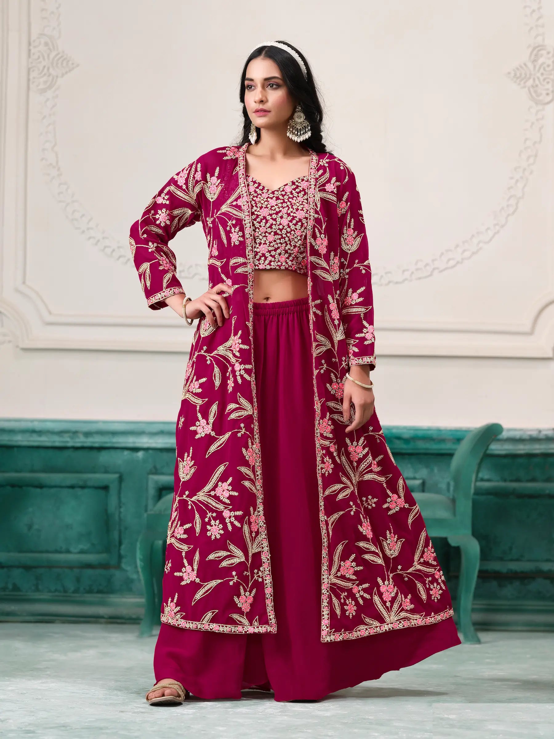 Pink Georgette Indo Western Set With Thread & Sequins Embroidery Work - qivii