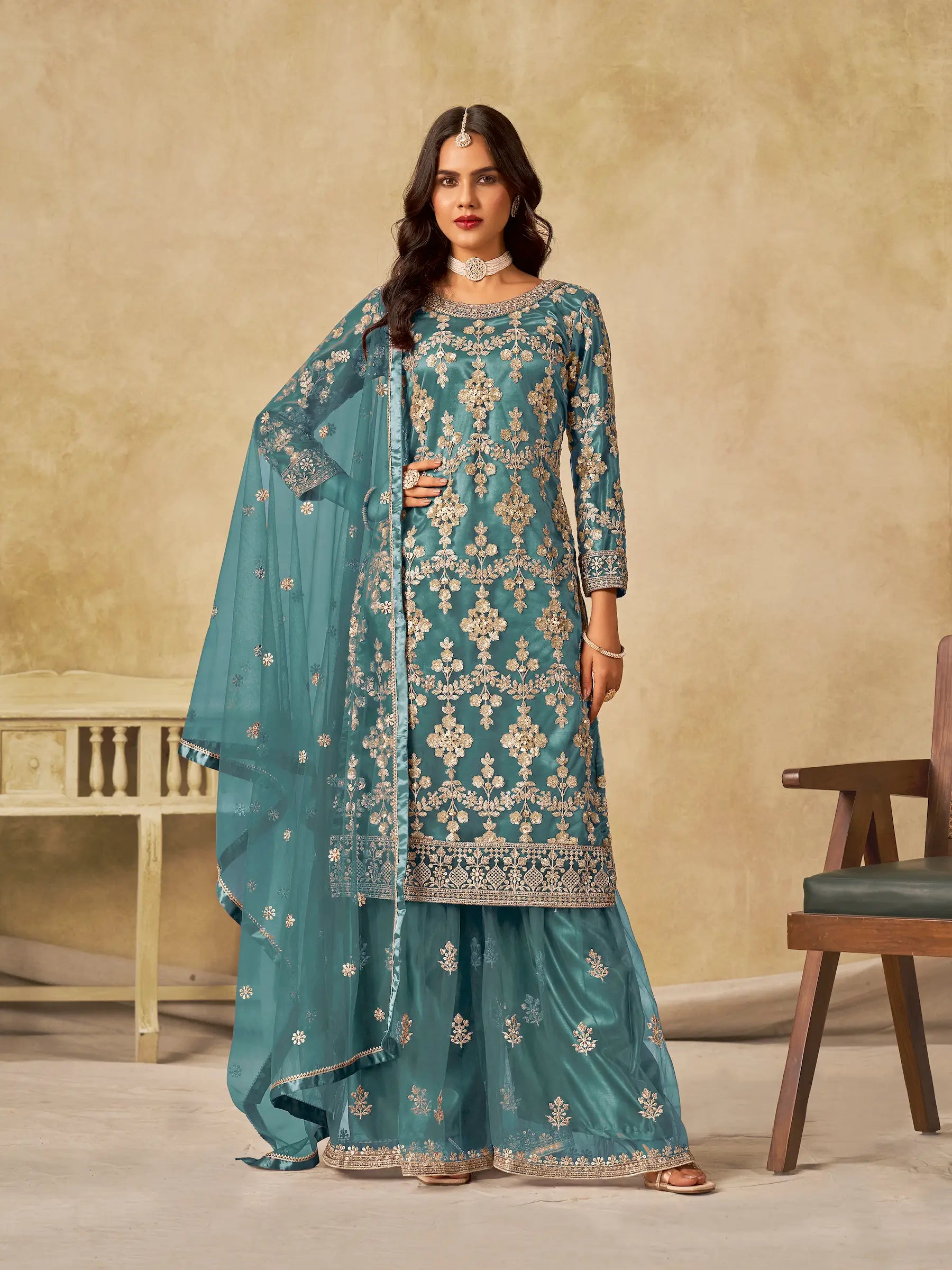 Dusty Teal Net Palazzo Suit With Sequins Embroidery - qivii