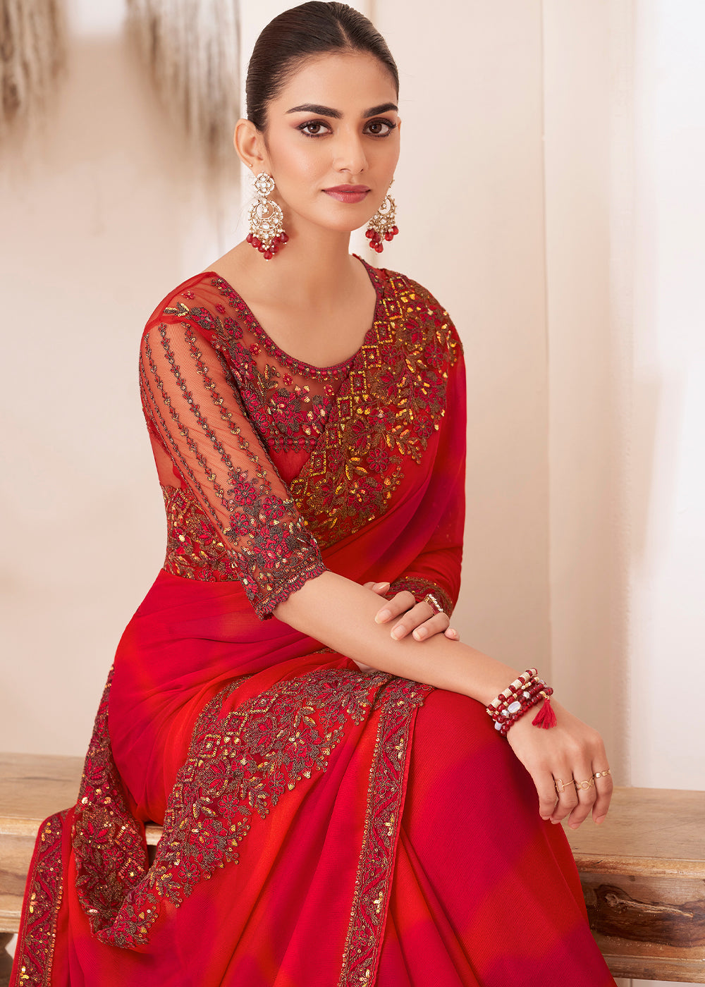 Tart Red Designer Embroidered Shaded Chiffon Saree - qivii
