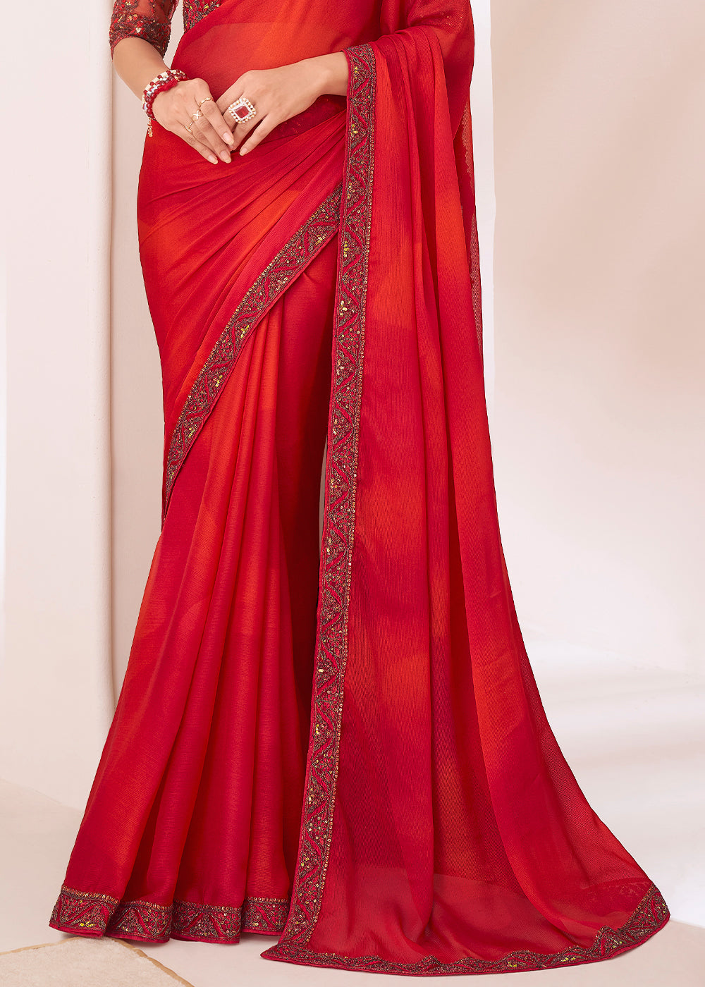 Tart Red Designer Embroidered Shaded Chiffon Saree - qivii
