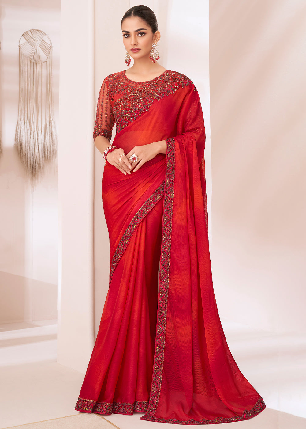 Tart Red Designer Embroidered Shaded Chiffon Saree - qivii