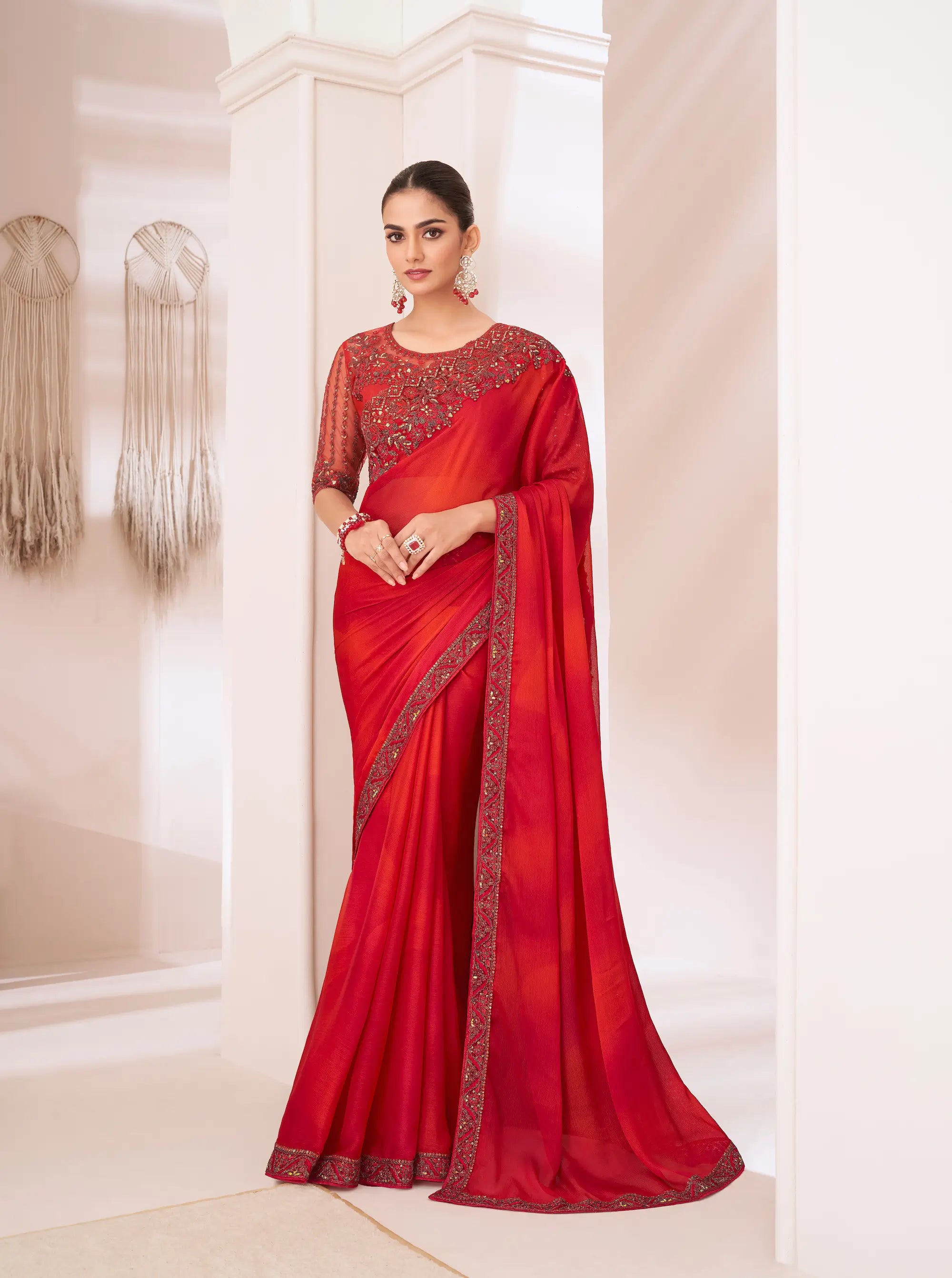 Red Shaded Silver Chiffon Party Wear Saree With Sequence & Thread Embroidery Work - qivii