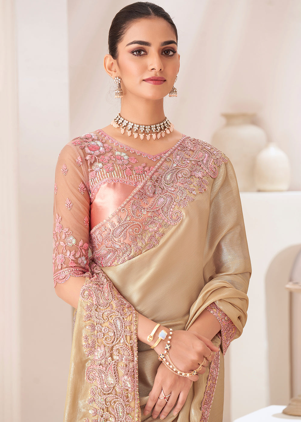 Golden Brown Designer Embroidered Satin Chiffon Saree : Top Pick - qivii