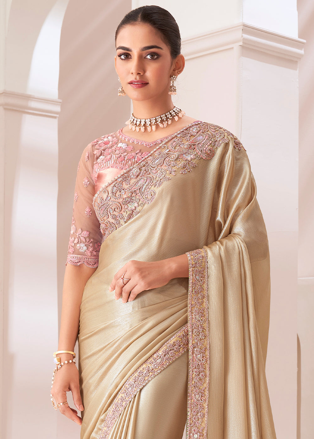 Golden Brown Designer Embroidered Satin Chiffon Saree : Top Pick - qivii